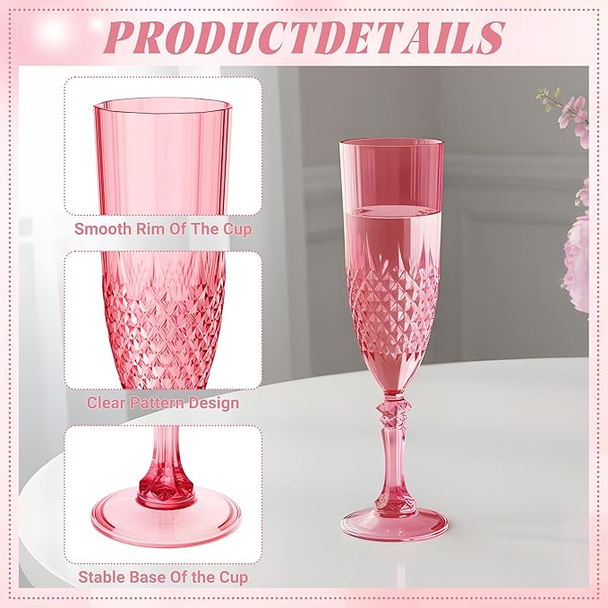 Plastic Champagne Flutes, 24PCS Red Wine Glasses Goblets Cups Reusable Flute, for Weddings Bachelor Parties Toasting and Events(24, Red)