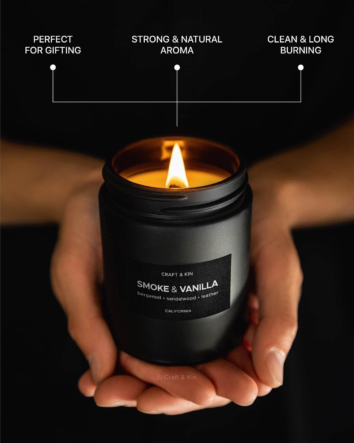 Craft & Kin Premium Smoke & Vanilla Scented Candle – Long Lasting, 45 Hour Burn Time – Luxury Black Natural Soy Scented Candle for Men with Wood Wick – Room Decor and Aromatherapy – 7.6 oz