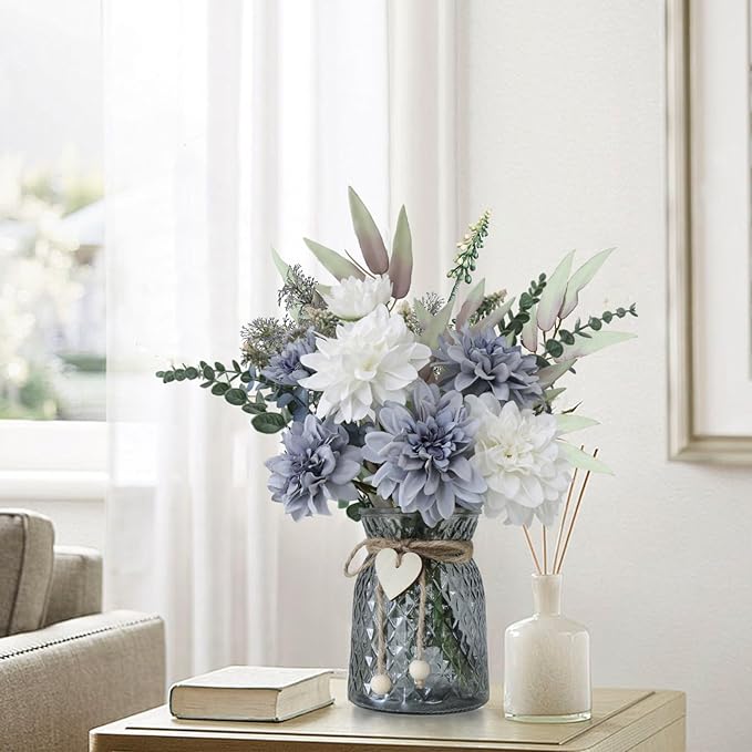 Fake Flowers in Vase,8 Dahlias,Silk Artificial Flowers in Vase,Centerpiece Table Decorations,Faux Flowers in Vase with a Flower Arrangement Holder