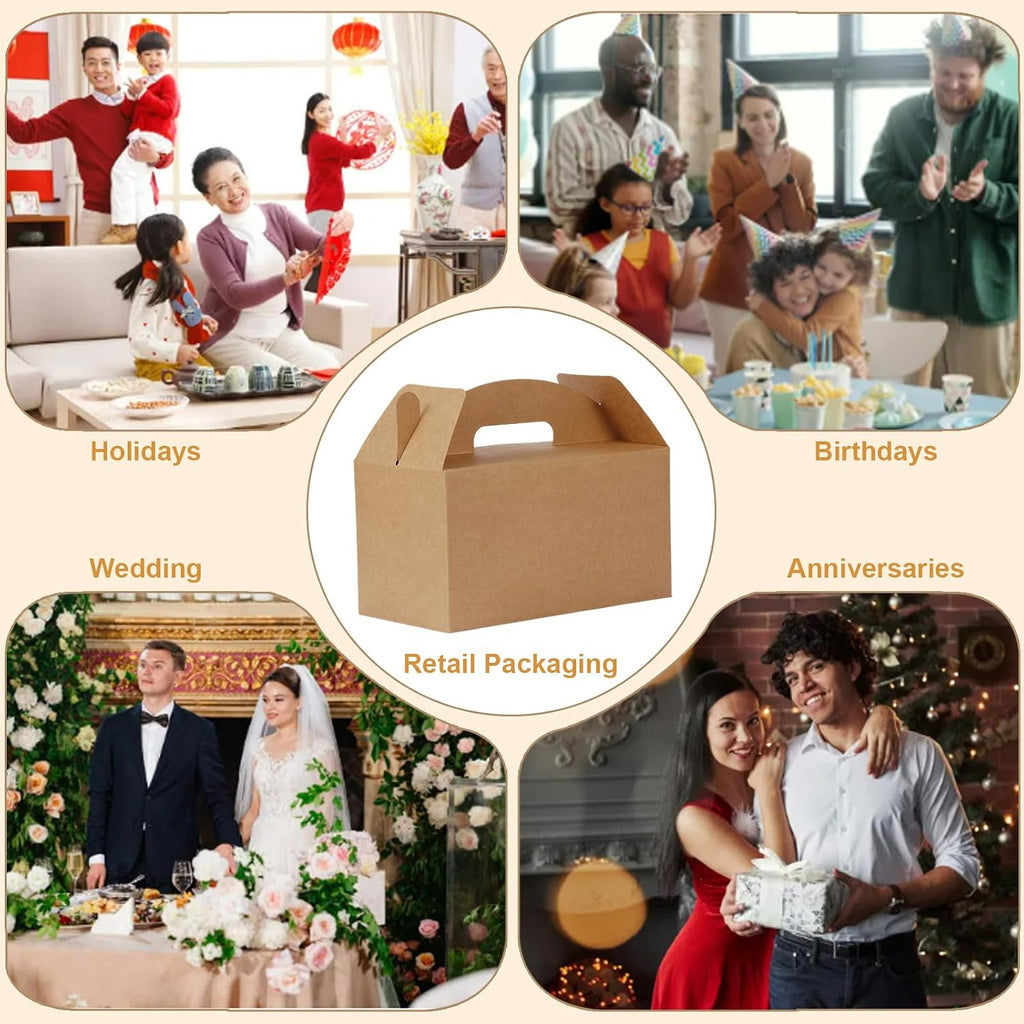 Grevo Brown Treat Box with Handle, 12Pcs, 9.45"x5"x5" Durable & Sturdy Cardstock Gable Boxes for Wedding, Baby Shower, Kids Birthday, Party Favor, Holidays Gifts