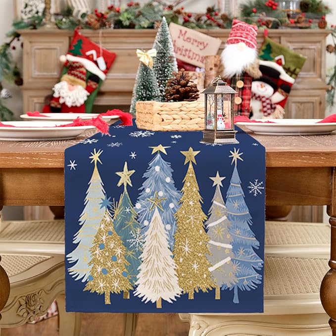 GEEORY Christmas Table Runner 13x48 Inch, Xmas Trees Snowflakes Holiday Decorative Farmhouse Table Decoration for Kitchen Dinning, Indoor Outdoor Dinner Party Decor (Blue) GT151-48