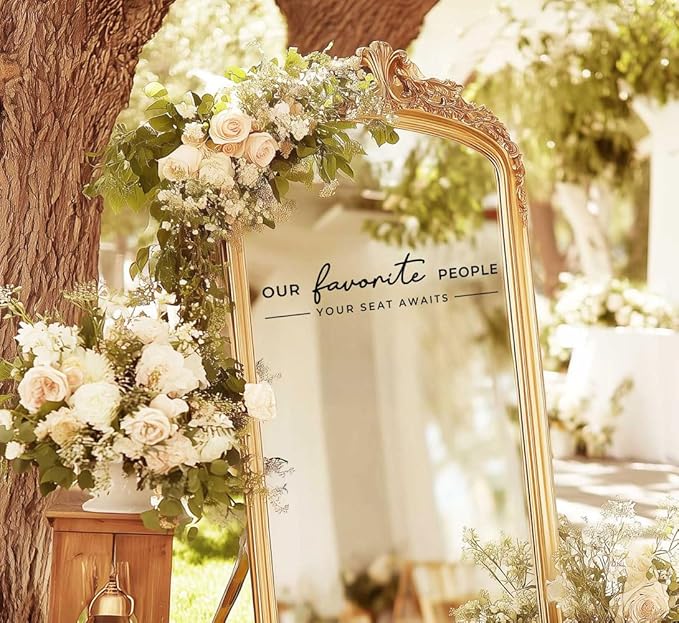 Our Favorite People Vinyl Decal, Please Find Your Seat Sign for Wedding Reception Wedding Vinyl Decal Seating Chart Sticker for Mirror, Your Seat Awaits (Black, Width 17 inch)