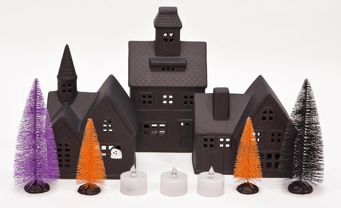 Mark Feldstein Black Porcelain Haunted Halloween LED Village, 10 Pc