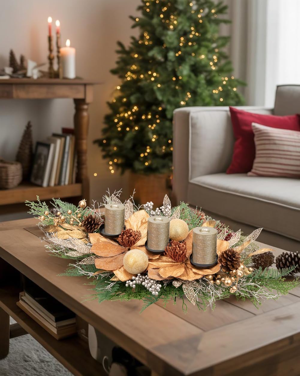 35" Champagne Christmas Centerpiece with Candle Holders, Magnolias Gold Christmas Balls Berries Leaves Branches Pine Cones Pine Needles for Xmas Table Decor, Holiday Candelabrum for Mantel Decorations
