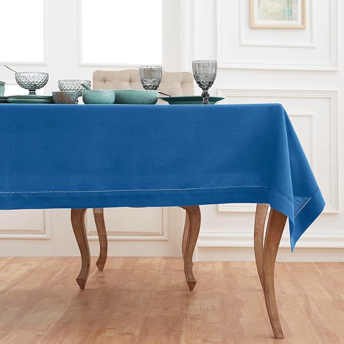 Solino Home Linen Tablecloth 60 x 120 Inch - Classic Hemstitch 100% Pure Linen Indigo Blue Table Cloth for Rectangle Tables - Machine Washable Tablecloth for Fall, Autumn
