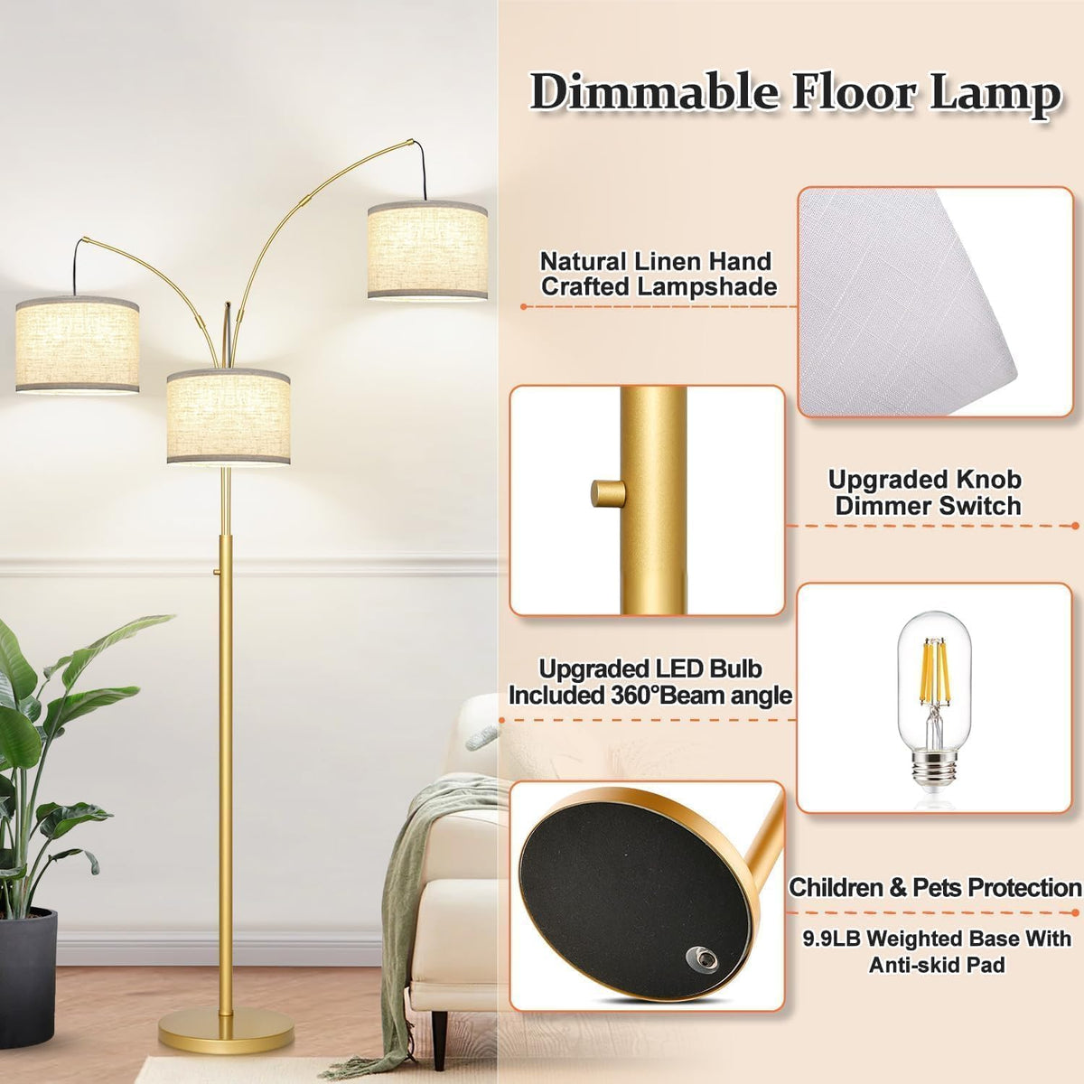 nintiue dimmable floor lamp - 3 lights gold, side view