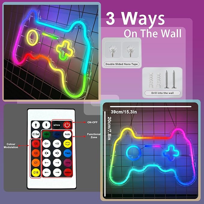 Ineonlife Gamer Neon Sign, Dream Colorful Game Controller Neon Light for Wall, Game Room Decor, USB Powered Gaming Neon Signs with Remote Control Gift for Boys Bedroom