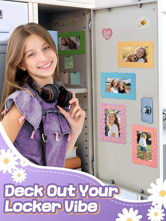 ANPHSIN 12Pcs Magnetic Picture Frame for 4x6in Photo - Cute Magnets Frames Fridge Decor Gifts for Girls Women, Home Refrigerator, Back to School Locker, Classroom Decorations Supplies, Daisy