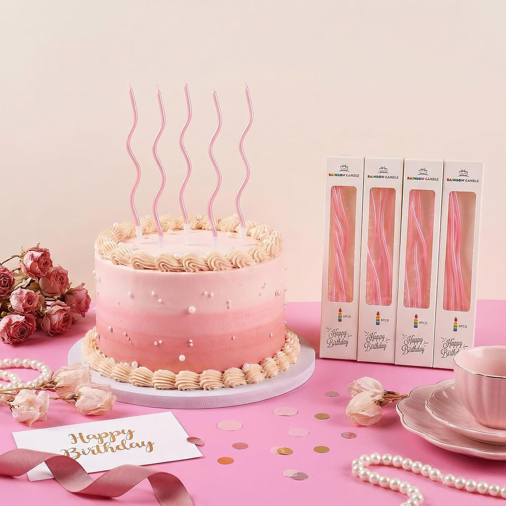 24 Pcs Pink Spiral Long Thin Birthday Candles, Twisted Curved Candle Cake Topper, Birthday Parties, Wedding Decoration