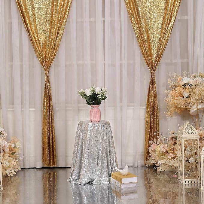 Poise3EHome Gold Sequin Backdrop Curtain 2 Panels 2ft x 8ft Gold Sequin Backdrop for Party Decoration