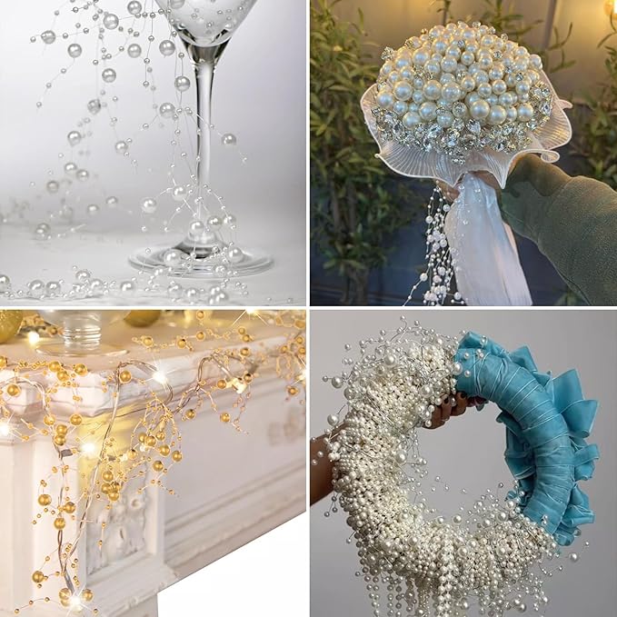 98FT Pearl Beads String Garland, 8mm 3mm Ivory Faux Pearl Beads Roll Strand Bulk for Wedding Party Flower Christmas Decoration DIY Craft