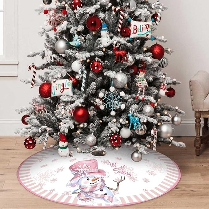 Let It Snow Snowman Christmas Tree Skirt 36 Inches, Pink Snowflake Tree Skirt, Winter Xmas Tree Mat for Home Party Holiday Indoor Outdoor Decorations (Pink, 36in)