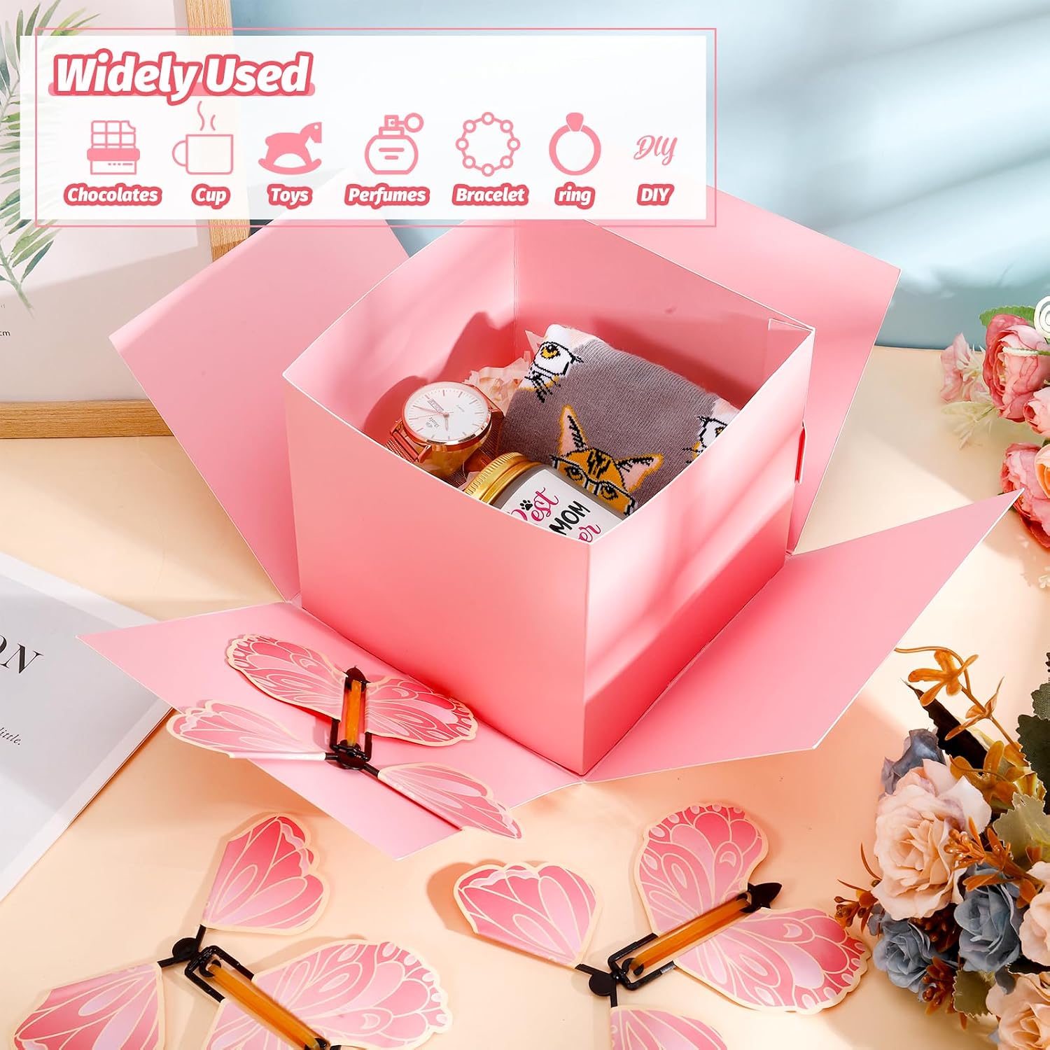 XLSXEXCL Butterfly Explosion Cardboard Gift Box, Flying Butterfly Surprise Box for Birthday, Wedding, Anniversaries, Christmas (Pink)