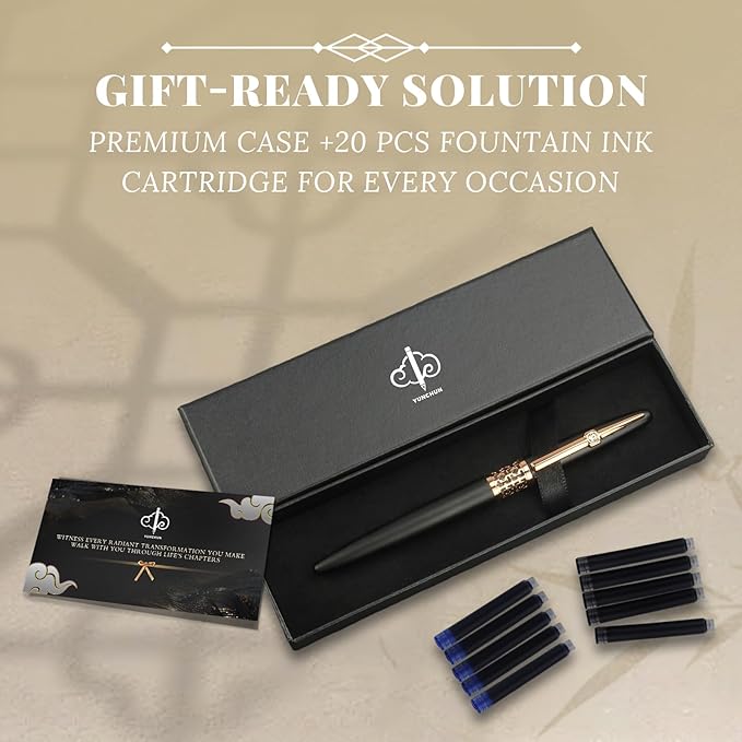 YUNCHUN Refillable Fountain Pen Fine Nib, Fancy Ink Pen with 5 Black & 5 Blue Ink Refills Cartridges, Cool Ink Pens for Writing, Business Metal, Best Gift Set for Men & Women, Blcak