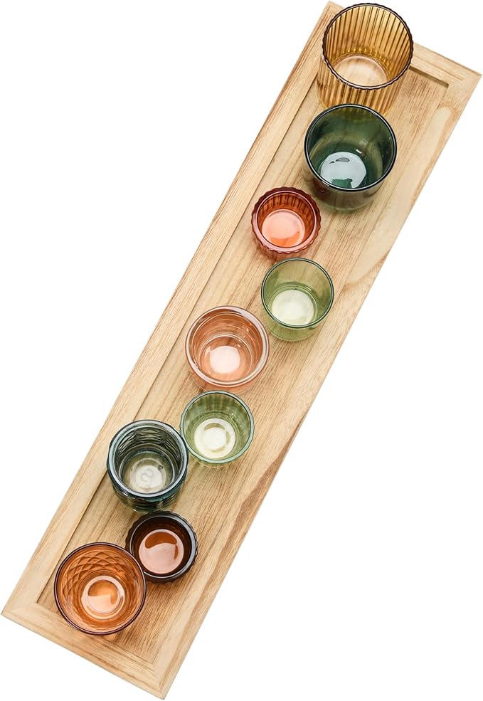 Creative Co-Op Round Glass Votive Holders on Wood Tray, Yellows & Greens, Set of 9