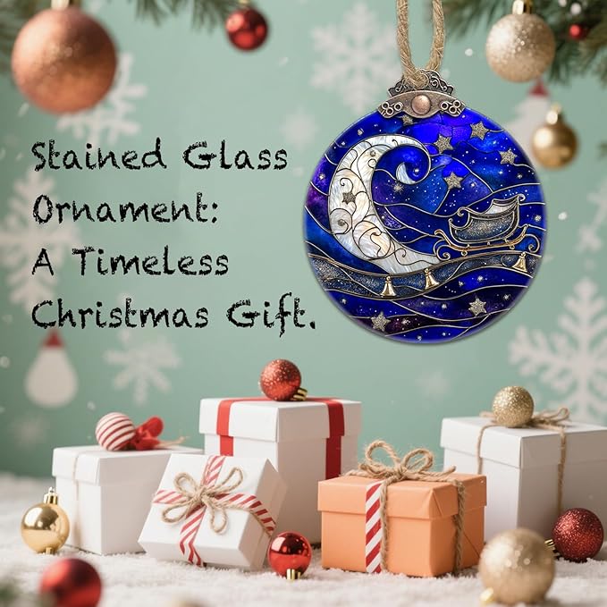 Stained Glass Christmas Decorations, Blue Starry Sky Silver Moon Suncatcher for Window Christmas Tree Hanging Ornaments Bell Sun Catcher Xmas Decor Gifts for Women Men Mom Nana Friend
