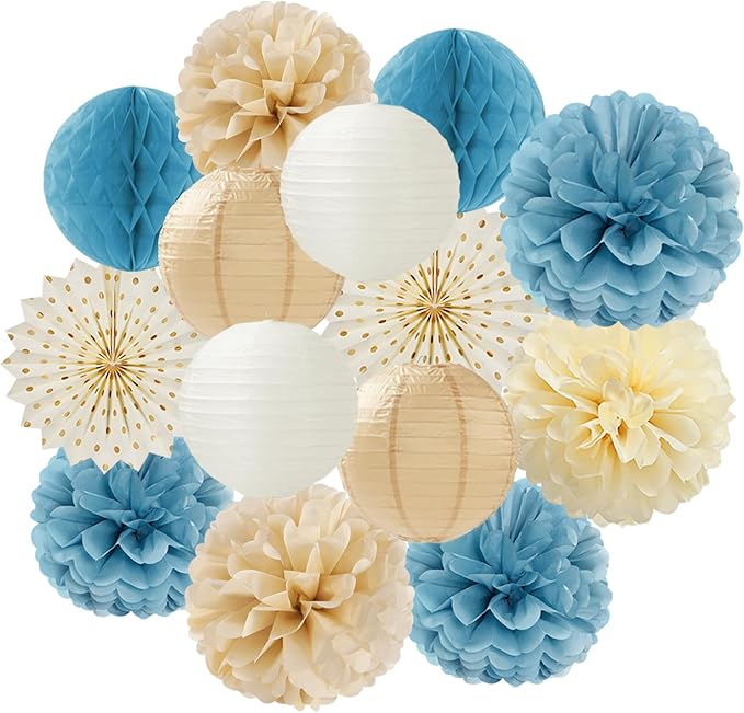 Light-Dusty Blue Beige-Champagne Boho Party-Decorations - 14Pcs Baby Bridal Shower Streamers Lanterns Honeycomb Fan,Tissue Pom Poms,Women Girls Birthday Bachelorette Wedding Backdrop Decor Ouruola