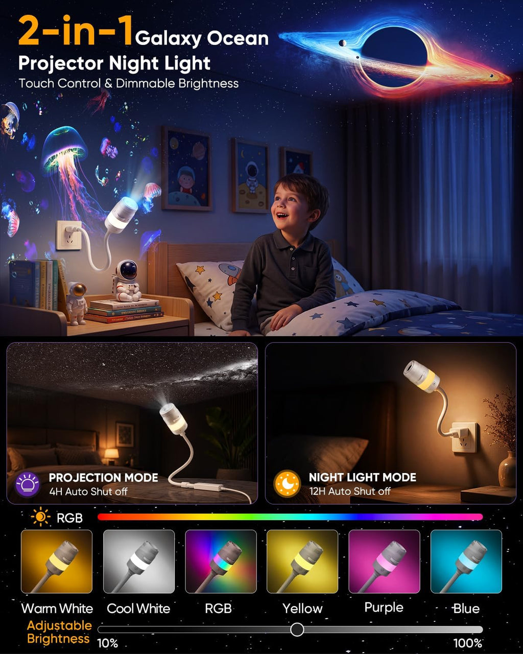 2-in-1 galaxy star ocean night light projector plug shown in use