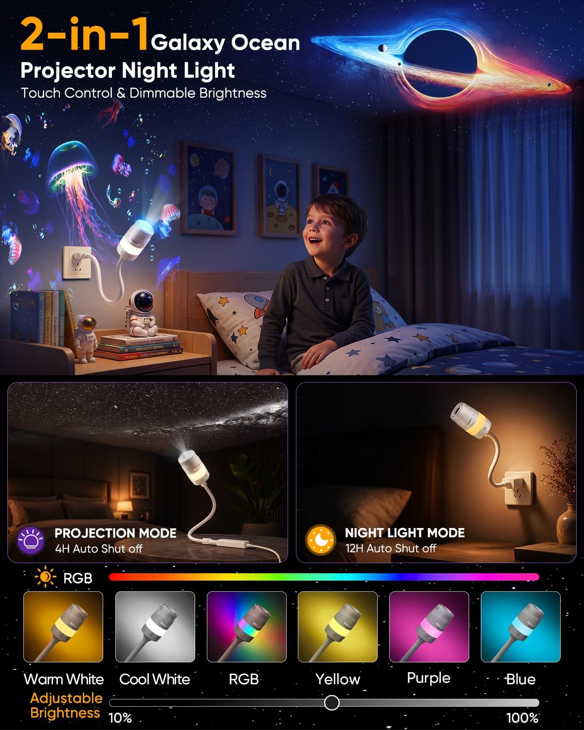 2-in-1 galaxy star ocean night light projector plug shown in use