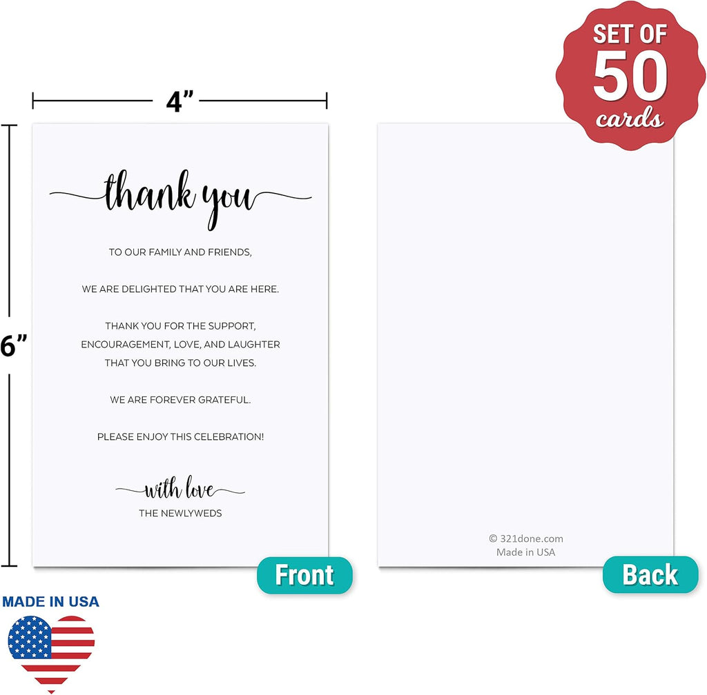 321Done Thank You Place Setting Card for Newlyweds, 4"x6" 50-Pack | Made in USA Thank You for Celebrating with Us, Minimalist Script White Table Placecards for Wedding