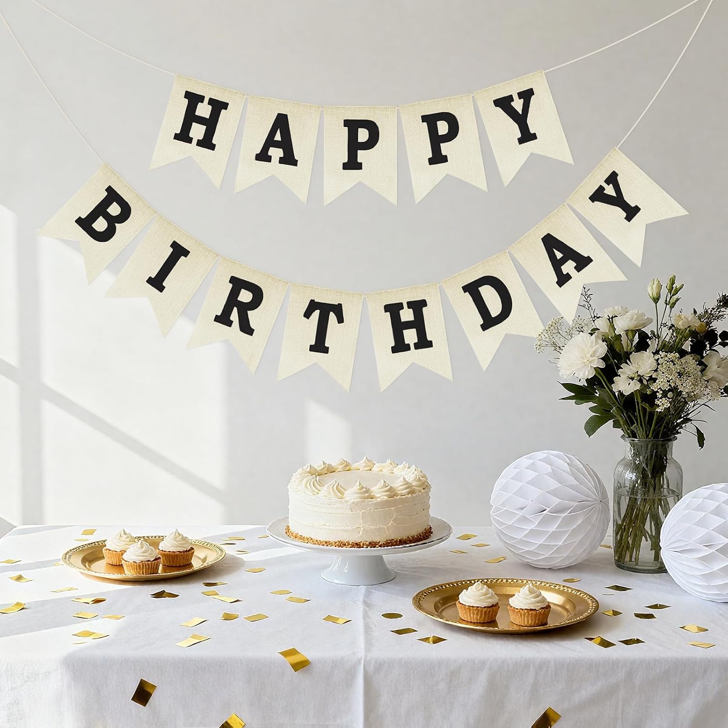 Anwyll Happy Birthday Banner - NO DIY Happy Birthday Decorations | Burlap Happy Birthday Sign Birthday Party Decorations for Women Men Girls Boys Celebration Party Backdrop Yard (Black)