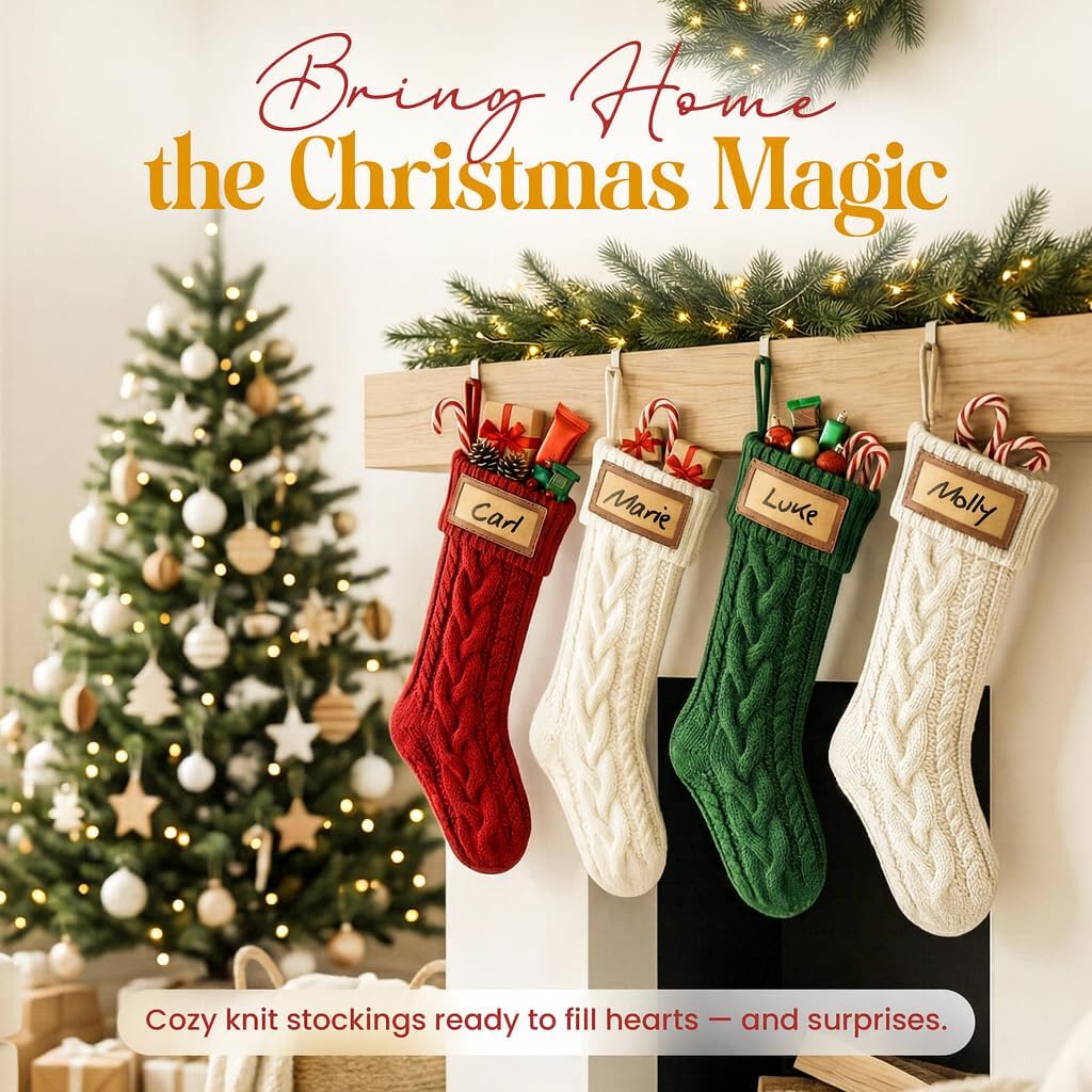 KAHF Personalized Christmas Stockings - 18” Large Luxury 4 Pack Knitted Xmas Stocking for Christmas with Custom Names Family Stockings for Kids Christmas Holiday Decor Fireplace Decoration