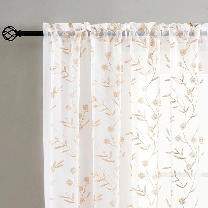 Sheer Curtains Embroidery 63 Inch Length White-Beige Rod Pocket Voile Drapes for Living room, Bedroom, Window Treatments Semi Flower Pattern Curtain Panels for Yard, Farmhouse, Set of 2, 52"x 63".