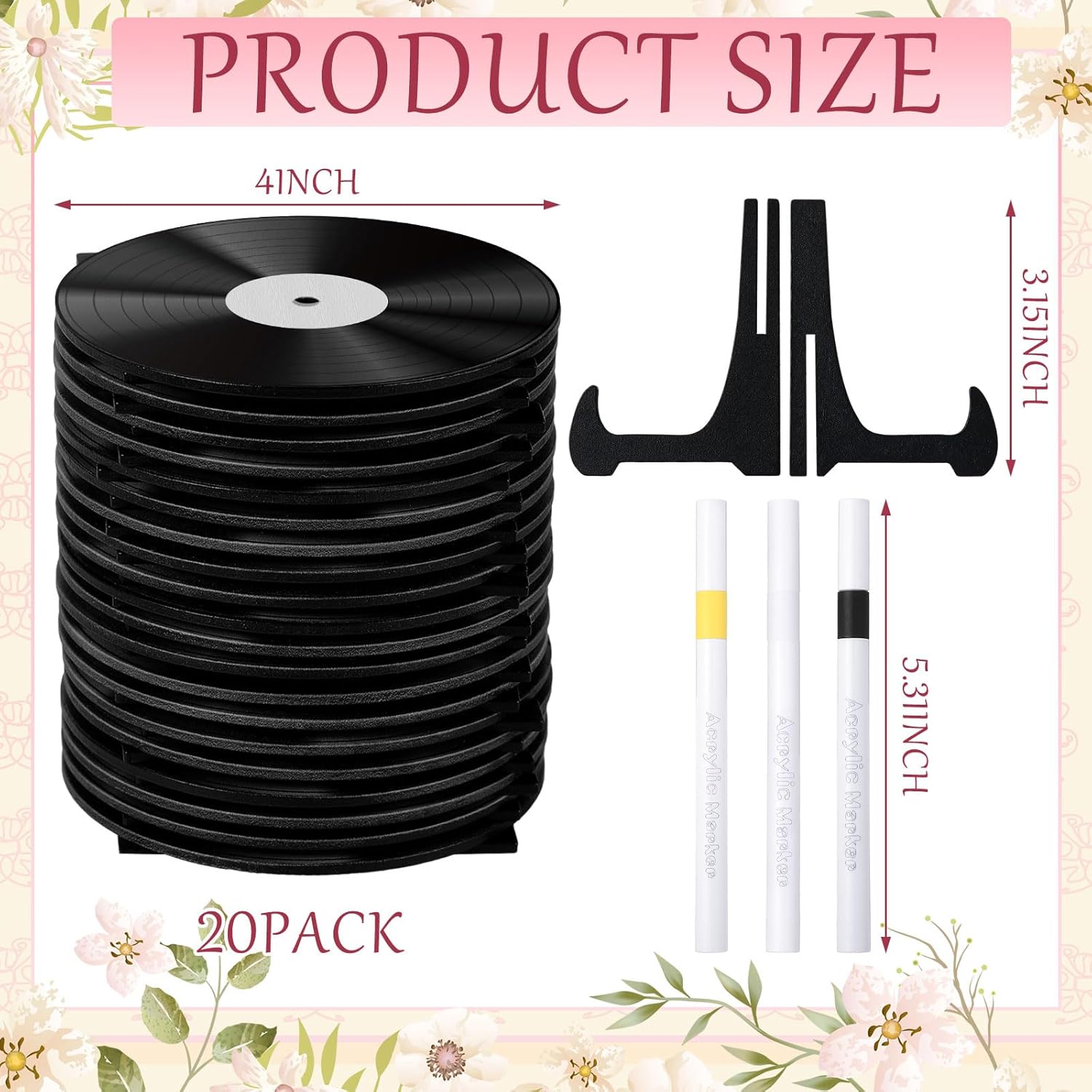 Novabright 20 Pcs Vinyl Record Wood Wedding Table Numbers with Easel Stand Retro Music Wedding Party Decorations for Reception DIY Doodle Fake Records Table Signs with 3 Markers for Souvenir Gifts