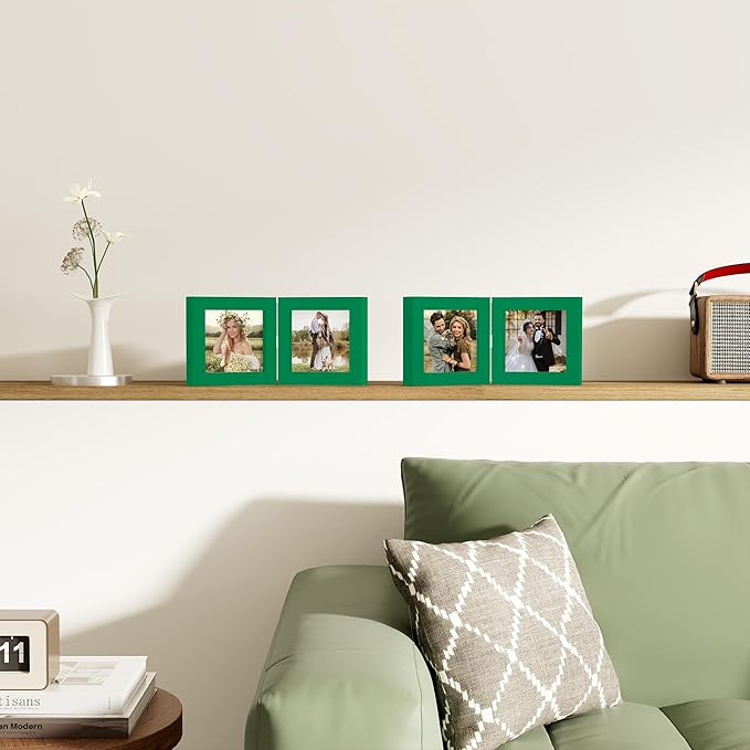 decorUhome Double 4x4 Picture Frame Vertical, Engineered Wood Bifold Photo Frame with Plexiglass for Tabletop Display, 4x4, Green