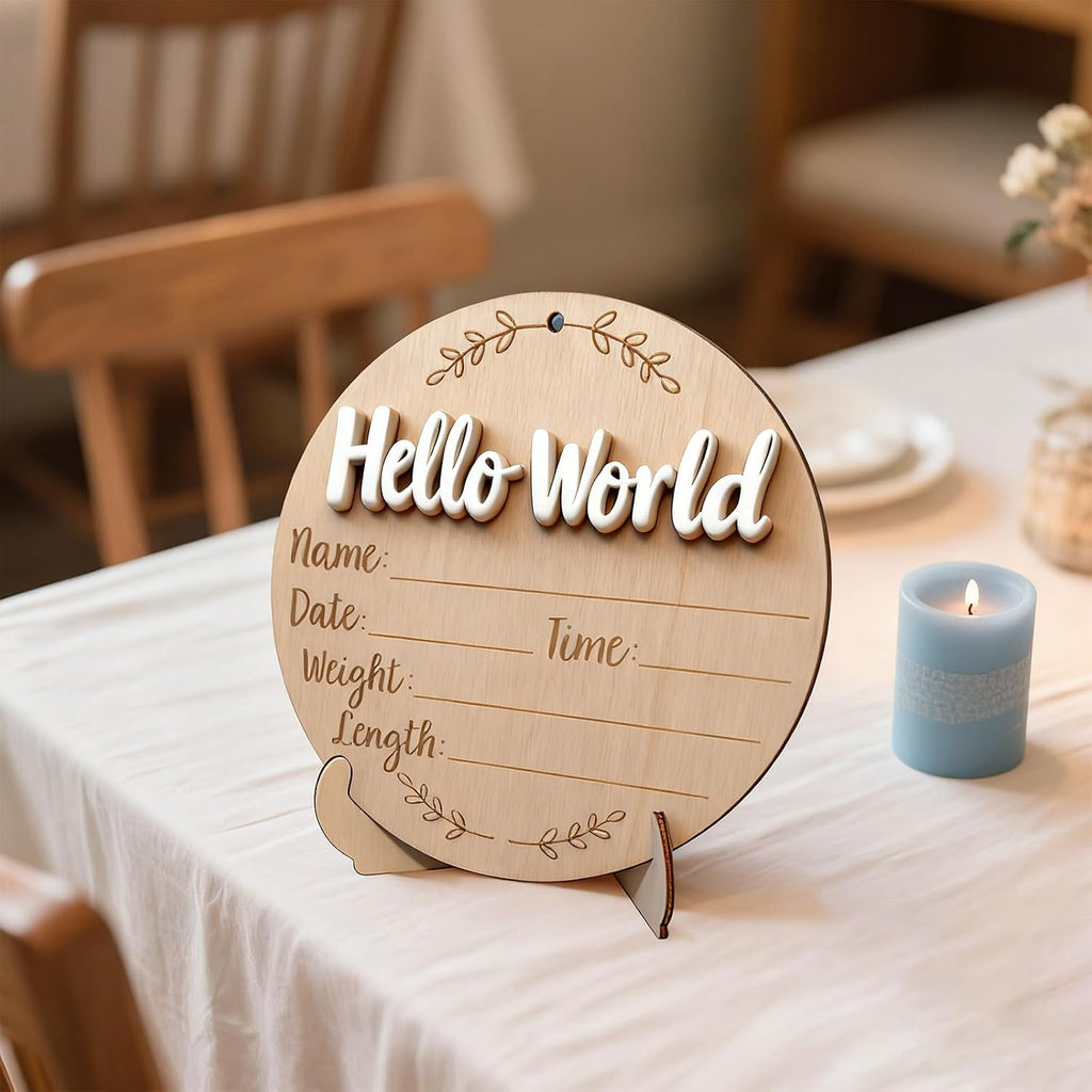 XCMVCN Baby Announcement Sign, 5.9 Inch Round Wooden Hello World Newborn Signs, Birth Announcement Sign: Equipped with Ink Pad Can Baby Handprints and Footprints for Photo Prop Hospital Nursery Gift