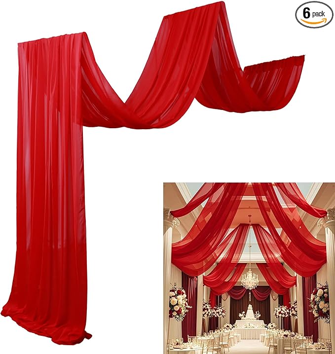 DUOBAO Chiffon Ceiling Drapes 20ft Red Wedding Backdrops Sheer Backdrop Curtains for Reception Wedding Ceremony Dark Red Sheer Arch Drapes Fabric Event Party Supplies 6 Panels 5×20ft