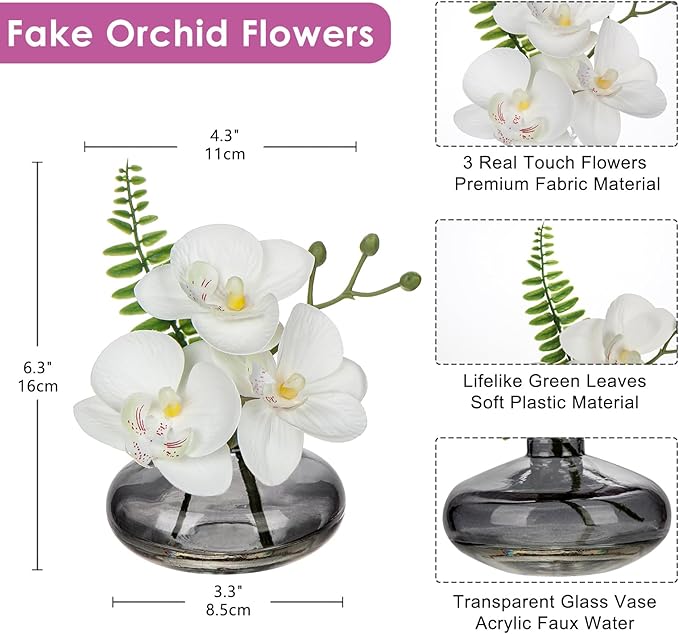 White Orchids Artificial Flowers Faux Orchids Arrangement in Black Glass Vases Set of 3 Real Touch Phalaenopsis Orchid Flowers Small Fake Orchid Centerpiece for Dining Room Table