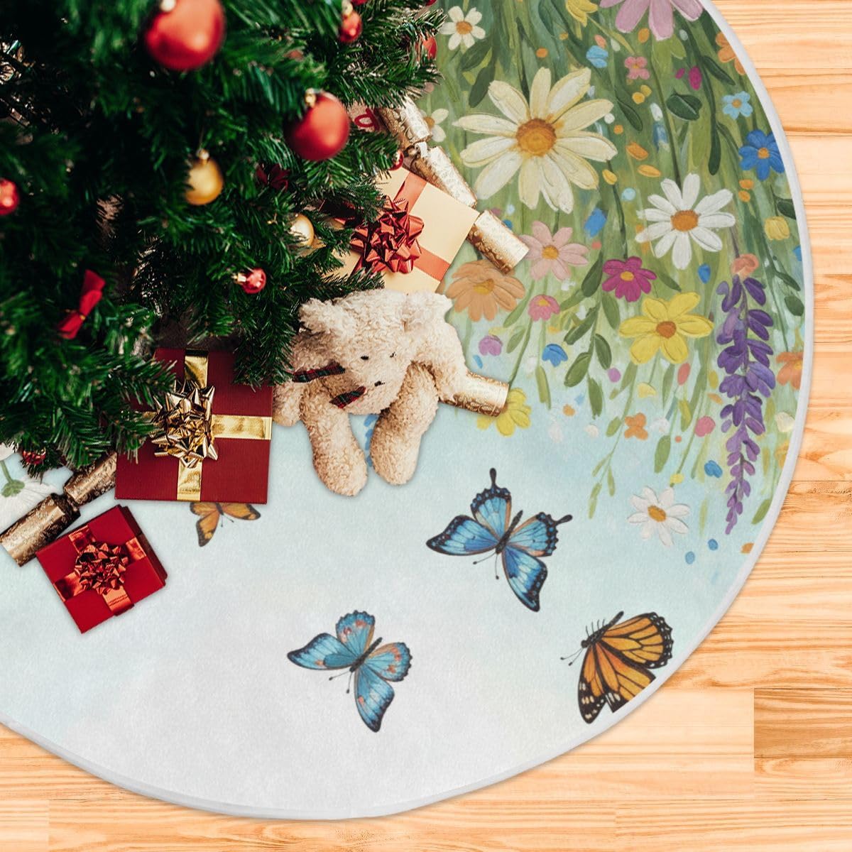 SUABO Spring Floral02 48 Inch Christmas Tree Skirt, Soft Xmas Tree Mat for Party Decoration Holiday Decor Christmas Decorations Indoor Outdoor