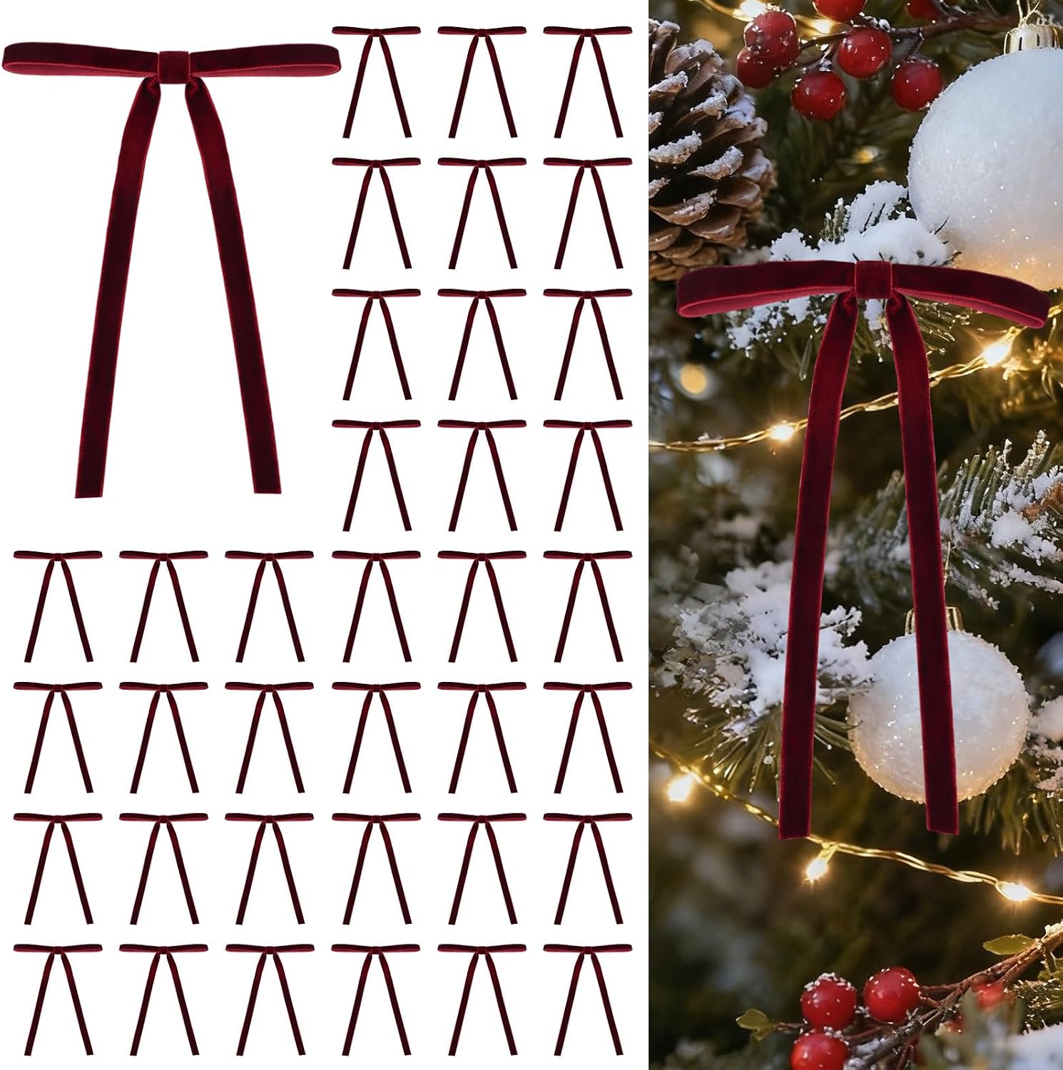 HEAEUNK 40 Pack Burgundy Bows for Christmas Tree, Burgundy Velvet Christmas Tree Bows, Xmas Velvet Ornaments for Wreaths, Garland, Wreaths, Gifts & Holiday Indoor & Outdoor Decor (5"x7", 3/8")