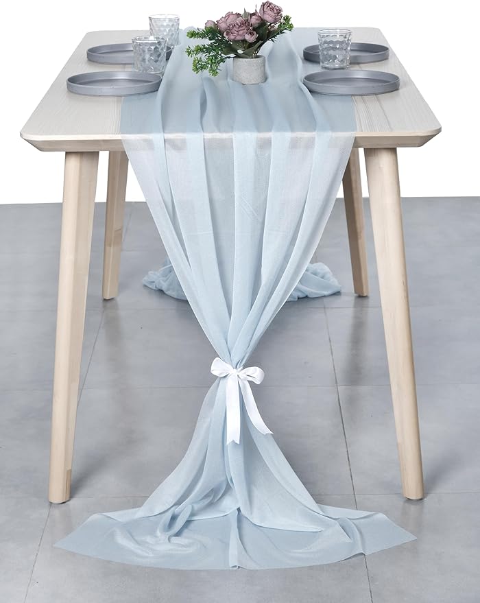 MDS 2 Pack 14ft Chiffon Table Runner 29 x 170 Inches Sheer Wedding Runner Romantic Rustic Table Runner for Wedding Decorations, Birthday Parties, Bridal Shower Party Arch Decor - Baby Blue
