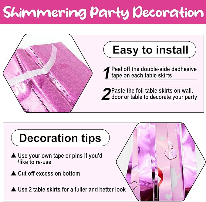 6 Pack 29 x108 Inch Love Pink Wave Foil Fringe Table Skirts Metallic Banner for Tinsel Streamer Garland Backdrop for Parade Floats, Mother's Day, Easter, Wedding, Birthday Party Decoration