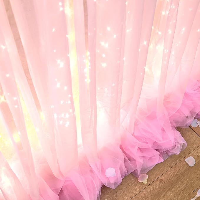 20ft x 10ft Pink Tulle Photo Backdrop Curtain with Lights String for Baby Shower Sheer Baby Pink Curtain Backdrop for Birthday Party Wedding Photo Booth Photography Background Decorations