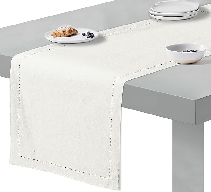 Ruvanti Linen Table Runner 72 Inches, Classic Hemstitch, Washable, Reusable, Non-Slipping, Stain Resistant- Perfect for Parties, Weddings, Dinners, Thanksgiving, Christmas, Indoor use – Ivory