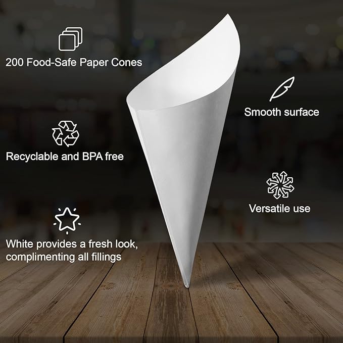MONTX® 200-Pack Disposable Food Cones | 7" or 6" | White Food-Safe Paper Charcuterie Cones for Appetizers, Popcorn, Snacks, Confetti | Eco-Friendly Alternative to Wood Cones (7 Inch)