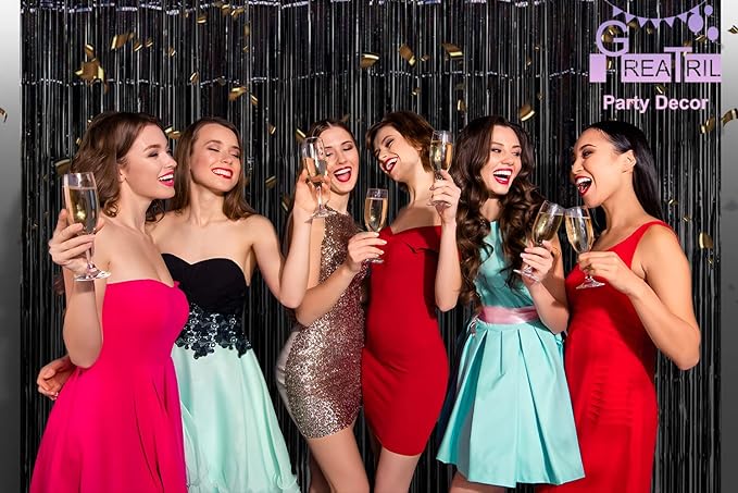 Black Tinsel Curtain Party Backdrop - GREATRIL Party Streamers Backdrop Foil Fringe Curtains for Birthdays/Wizard Halloween Decorations - 1m x 2.5m - Pack of 2