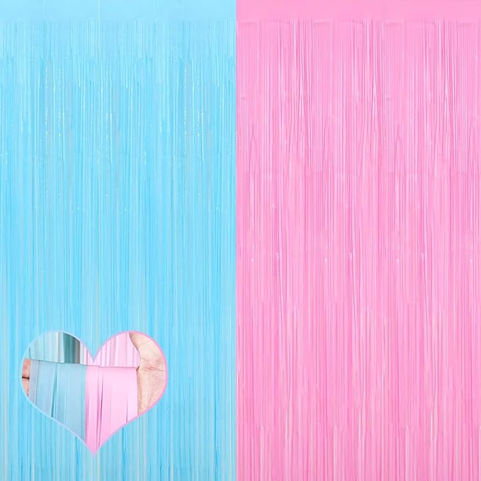 4 Pack 3.2Ft x 6.6Ft Pink Blue Fringe Curtain Backdrop, Metallic Tinsel Foil Fringe Streamers Curtains Background for Photo Booth Wedding Gender Reveal Backdrop Boy or Girl Birthday Party Decoration