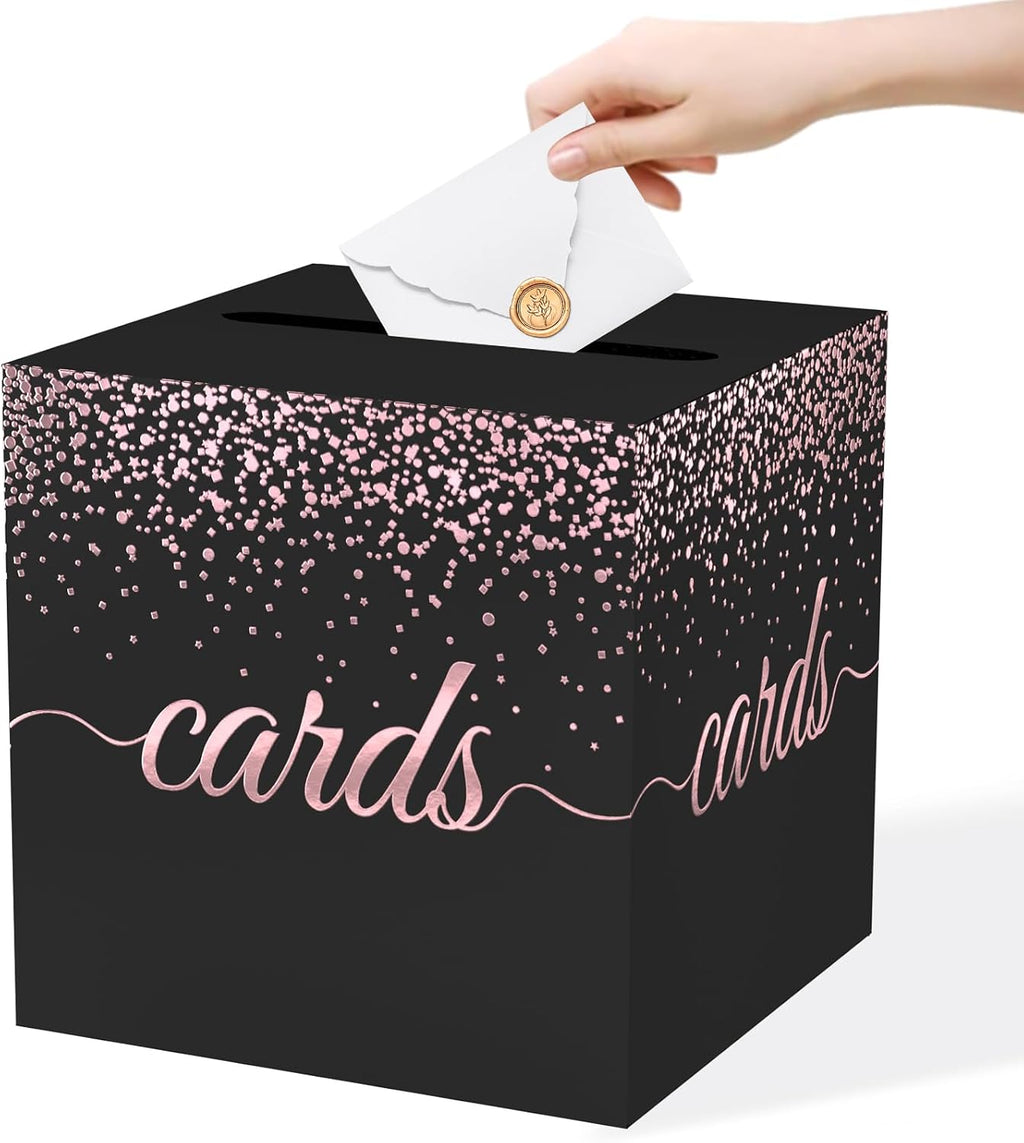 WNINK Black Rose Gold Cards Box for Birthday, Wedding, Bridal or Baby Shower, Graduation, Anniversaries, Engagement Party Decorations Supplies Money and Cards Receiving Box