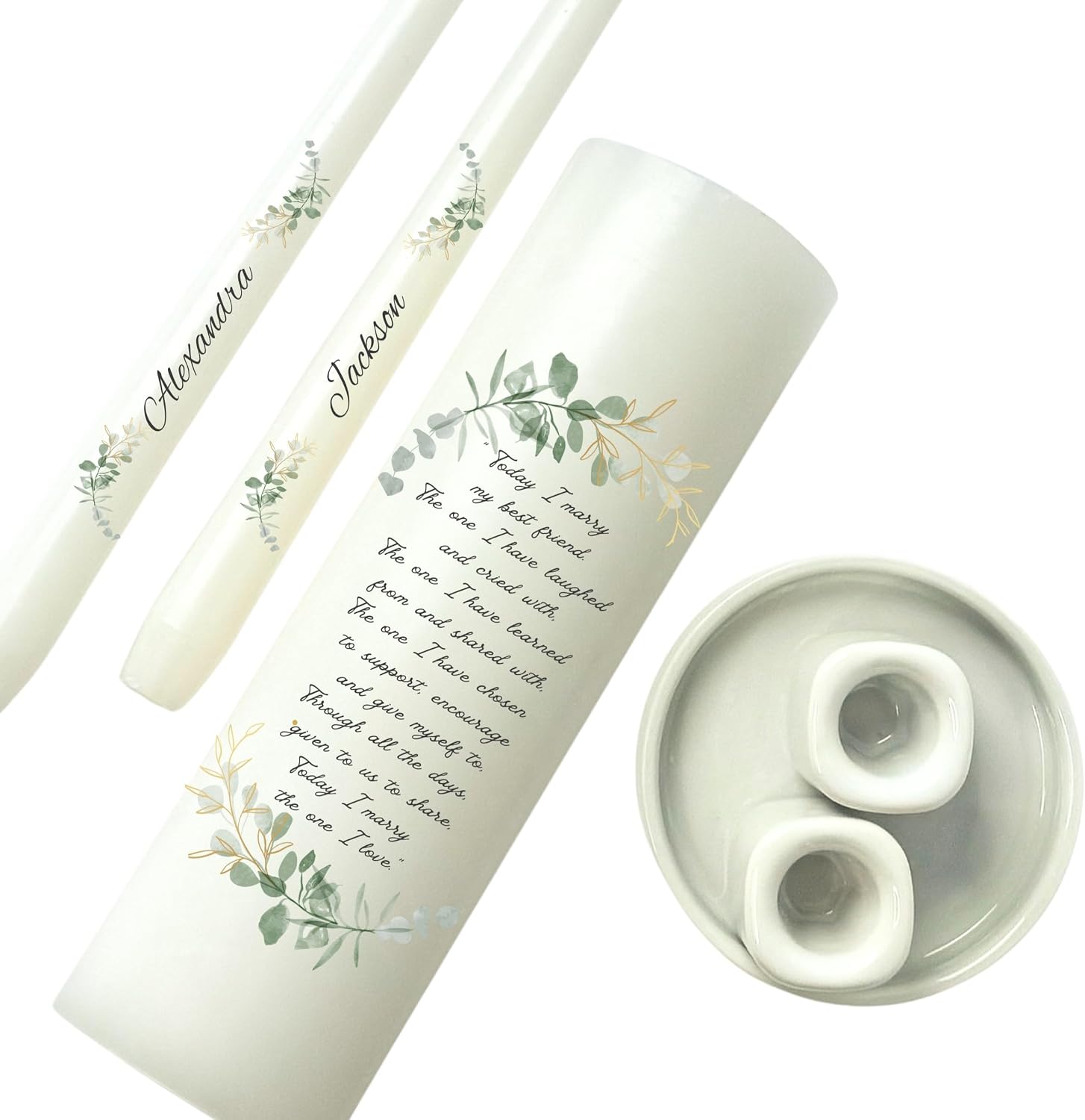 Unity Candles for Wedding, Modern Unity Set, Custom and Personalized Taper Candles with Bible Quote, Unscented White Premium Wax, Religious and Wedding Ceremony, Special Events (Custom Names)