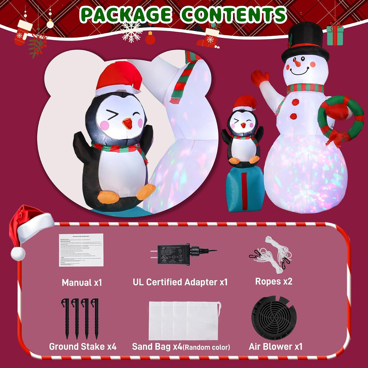 7ft christmas snowman inflatables decoration with led lights, package contents