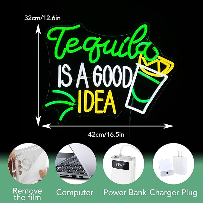 Tequila Is A good Idea Neon Sign LED Tequila Light Up Sign for Wall Decor Dimmable USB Tequila Neon Light Signs for Beer Bar Home Party Music Festival Man Cave Restaurant