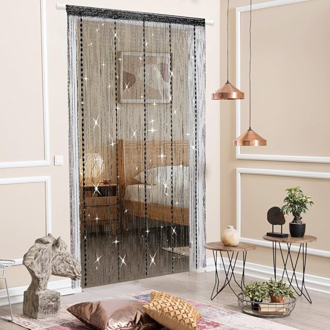 Hysenm Door String Curtains 39x79 Inch Black Panel Soft Balls Romantic Glitter Fringe Room Divider Home Décor Wedding Girls Bedroom Window Living Room Backdrop Party Doorways Closet