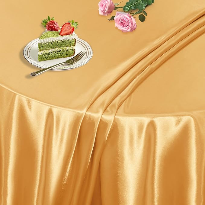 KKJIAF 1 Pack Round Table Cloths 90 Inch, Gold Overlay Round Satin Table Cover, Silky Satin Dining Tablecloths for Wedding Buffet Parties Banquet Decoration