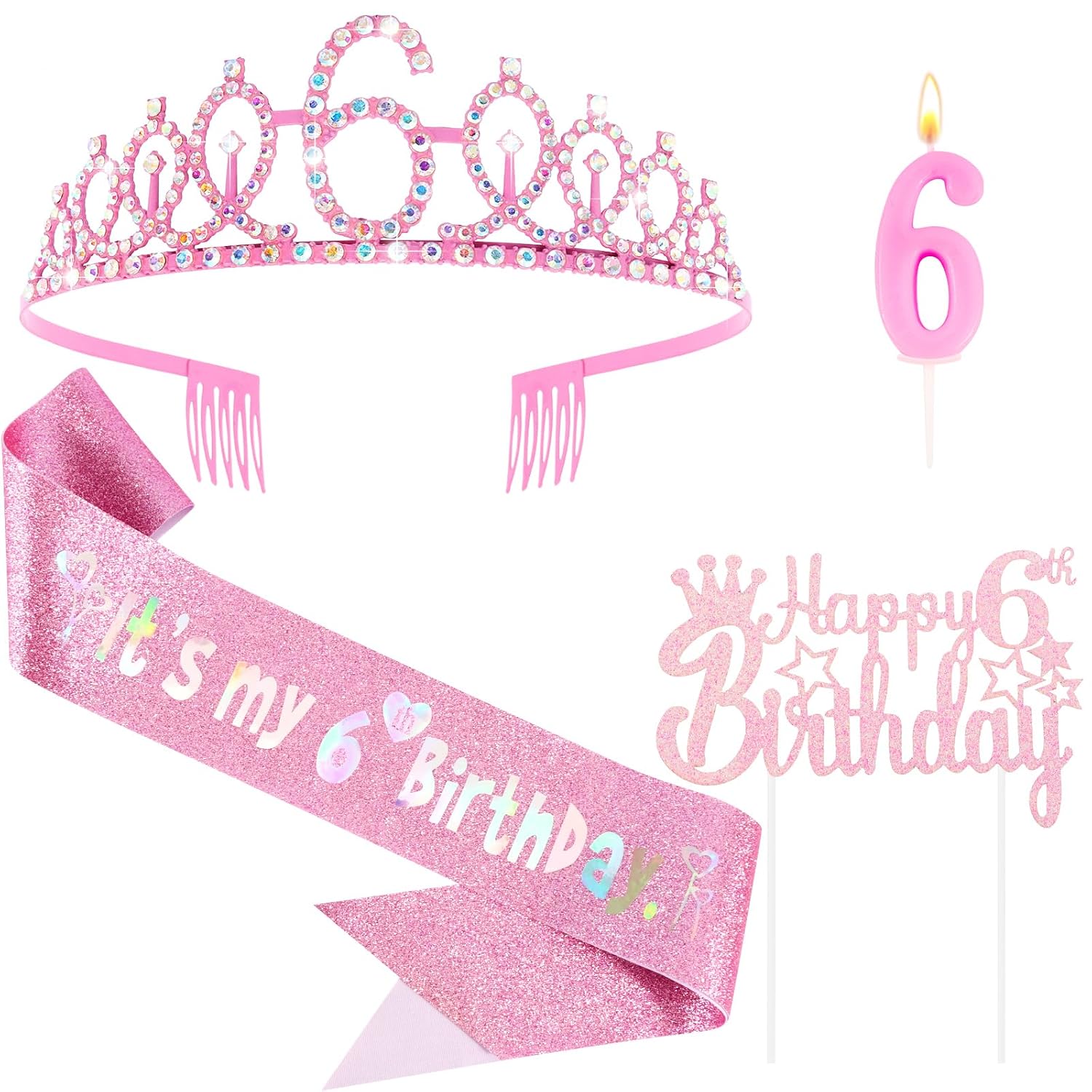 6th Birthday Party Decorations Set for Girls- Pink Crown, Glitter Sash, Number 6 Candle & Cake Topper Kit for Birthday Celebrations Party Supplies Gift