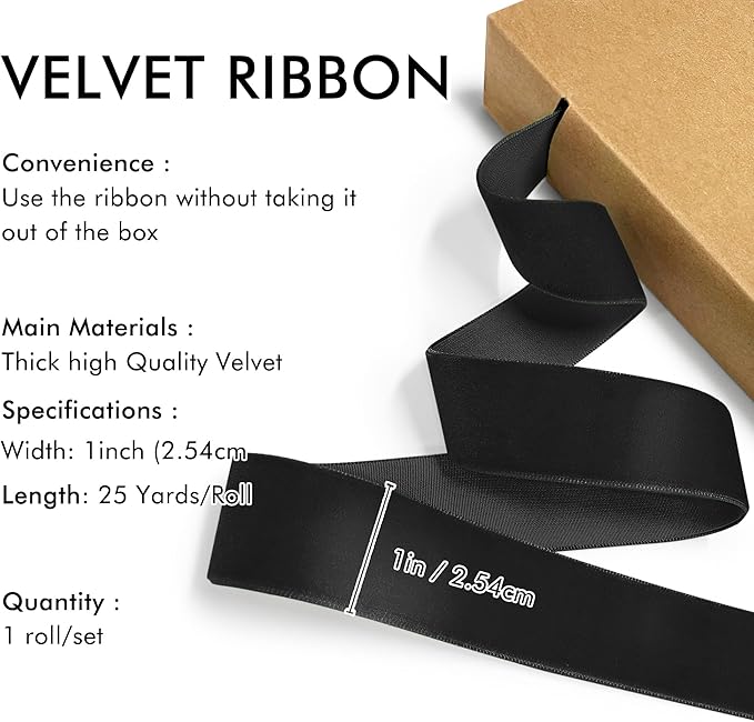 Black Velvet Ribbon 1'' 25 Yards for Christmas Tree, Gift Wrapping, Flower Bouquet, Wreath Decorations, Bow Making