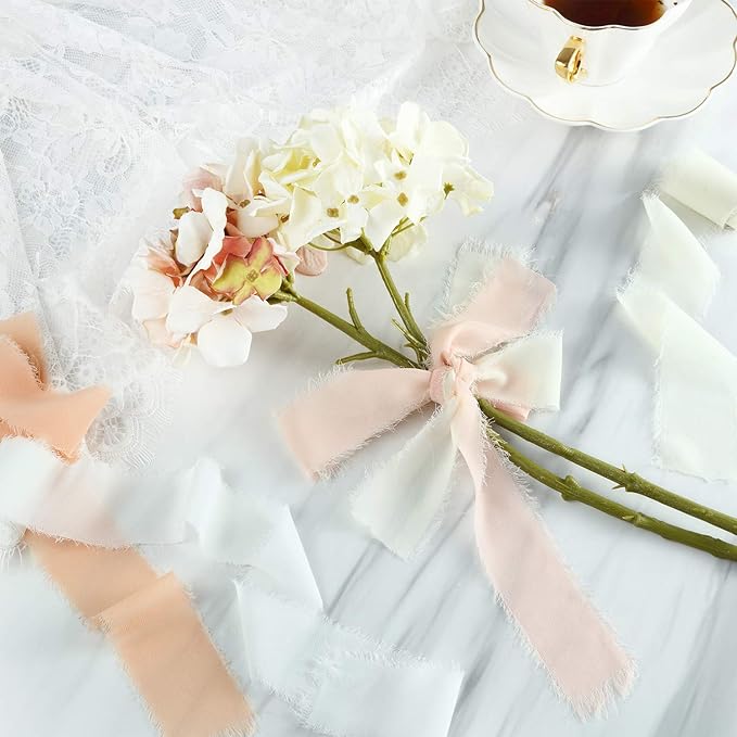 6 Rolls Handmade Fringe Chiffon Silk Ribbon 1.5" x 3 Yd Colorful Ribbon for Wedding Invitations, Bridal Bouquets, Gifts Wrapping, DIY Crafts(Nude Pink Set)